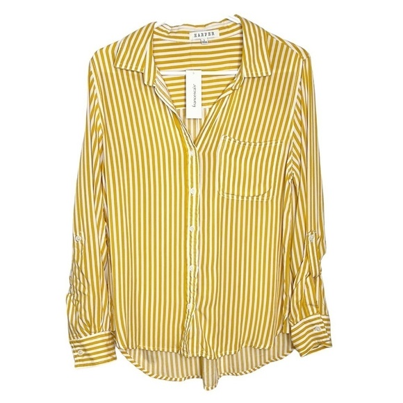Harper NWT Vera Striped Hi Lo Hem Button‎ Down Shirt in Marigold Yellow Small - Picture 3 of 9